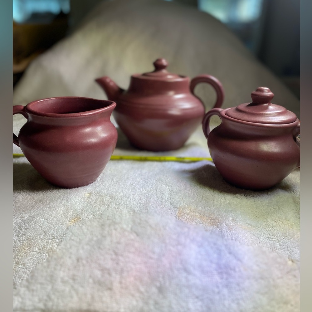 Zanesville Pottery Old Pot Shop Vintage Teapot with Sugar and Creamer, repaired